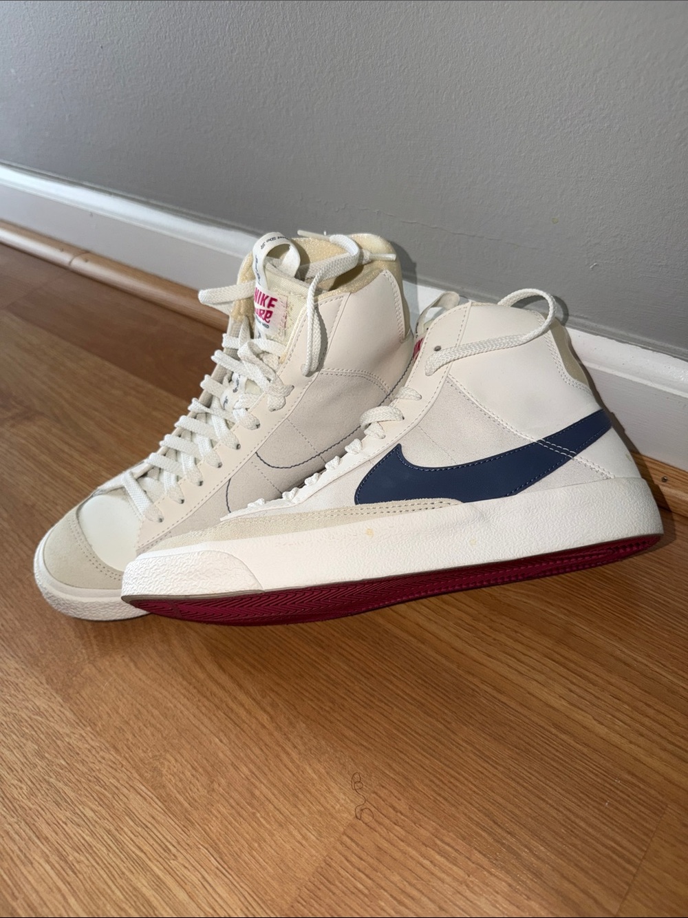 Nike Blazer Mid Vintage Cream with Navy Swoosh and Maroon Outsole